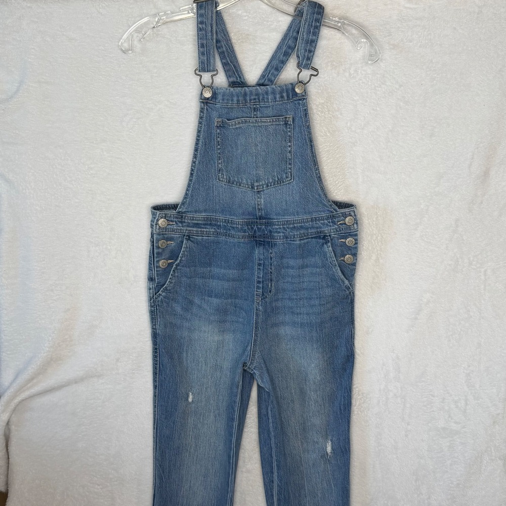 Cat & Jack Girls L 10/12 Blue Denim Straight Overalls Stretch Distressed